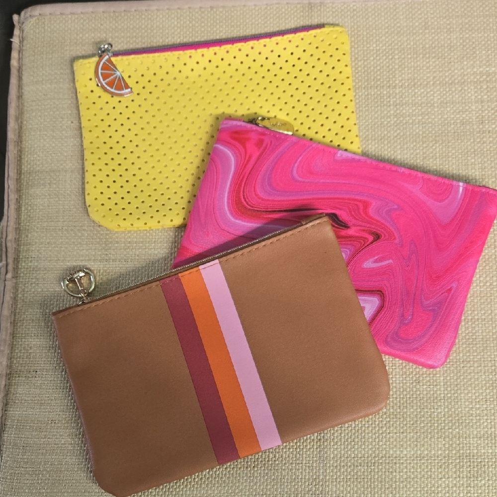ipsy Trio of Cosmetic Pouches in Yellow, Pink & Brown